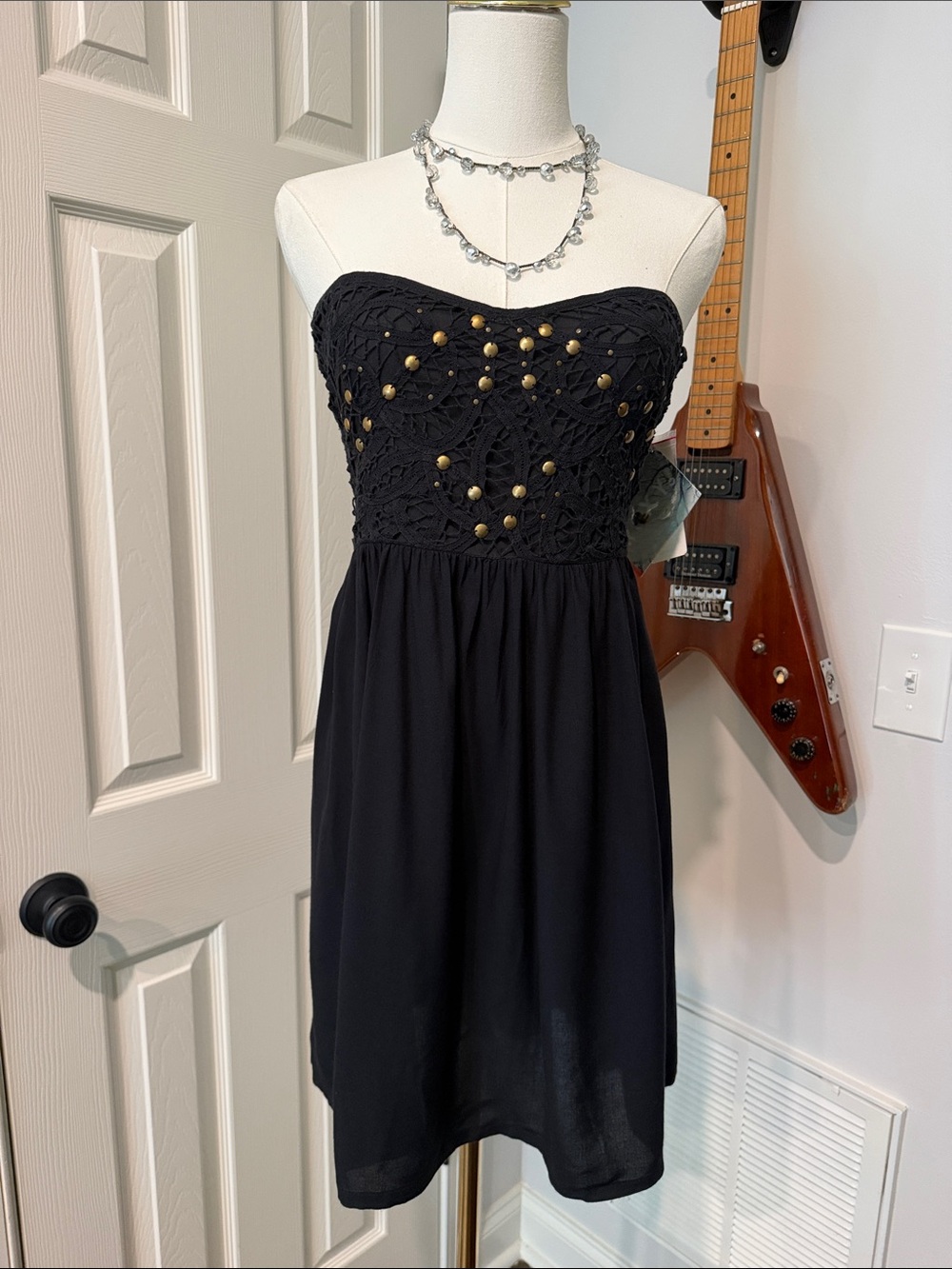 Roxy Black Strapless Crochet Bodice Dress with Gold Studs